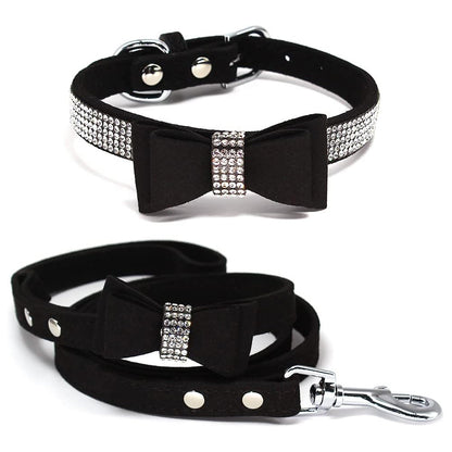Dazzling Rhinestone Dog Collar and Leash Set with Bow Knot for Small Dogs and Puppies Black