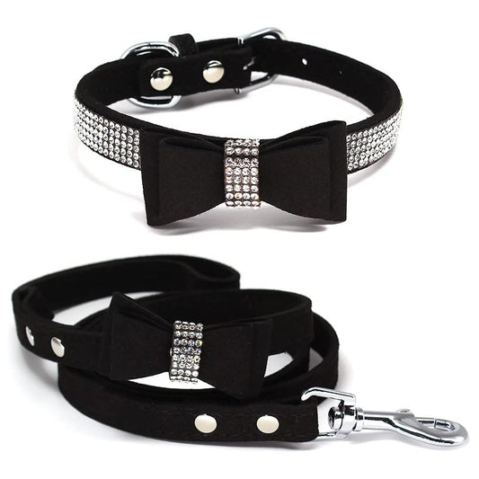 Dazzling Rhinestone Dog Collar and Leash Set with Bow Knot for Small Dogs and Puppies Black