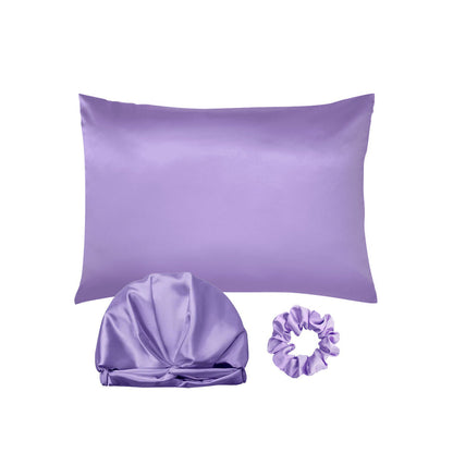 Simulated Silk Standard Pillow Case with Sleeping Bonnet Hair Scrunchy for Hair and Skin Protection Purple