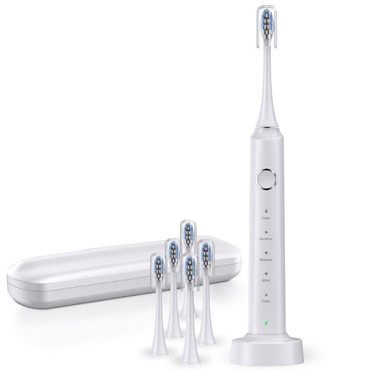 5-Mode Electric Toothbrush with Timer Travel Sonic Toothbrush with 6 Replacement Heads White
