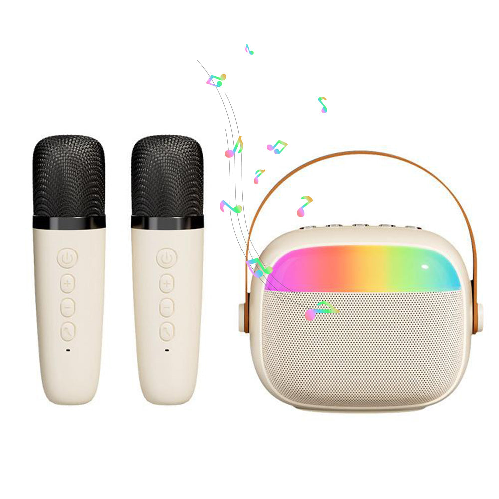 Mini Karaoke Machine with 2 Wireless Microphones Portable Bluetooth Speaker Singing Machine Beige