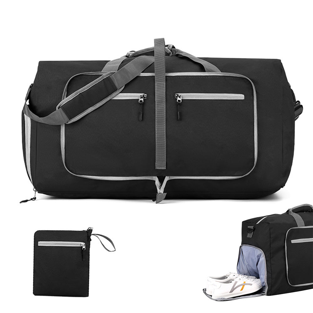 Large Foldable Travel Duffel Bag Carry-On Shoulder Bag with Shoe Compartment Black