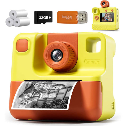 1080P Kids Instant Print Camera Digital Video Cameras with Print Papers and 32GB TF Card Yellow