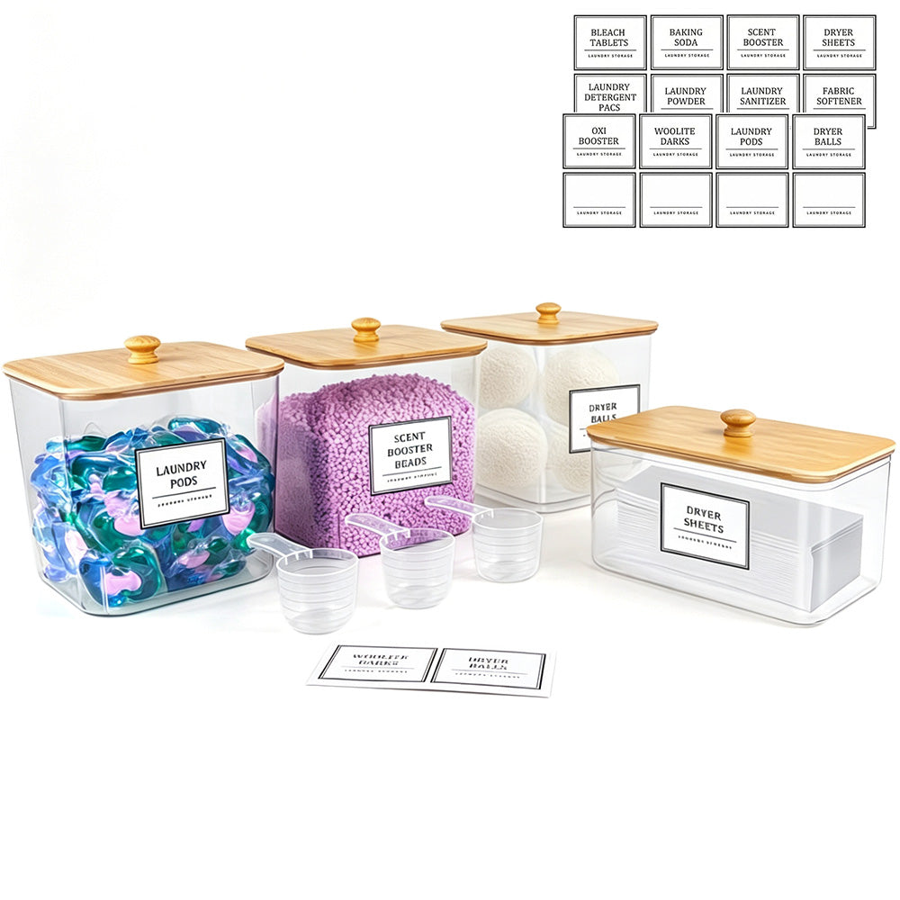 4Pcs Clear Laundry Storage Containers with Airtight Wooden Lids-Khaki
