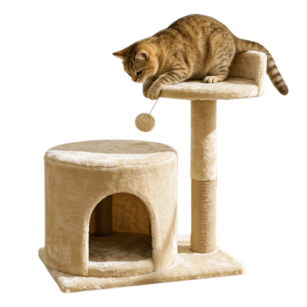 Small Cat Tree with Condo Sisal Scratching Post Plush Cat Tower with Dangling Toy Beige