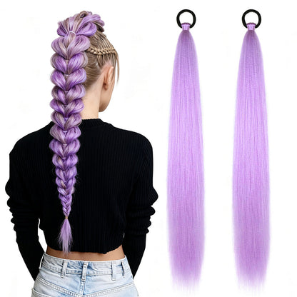 2PCS Purple Ponytail Extensions with Elastic Tie Straight Sleek Wrap Around Braids Light Purple