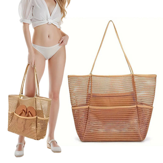 Beach Mesh Tote Bag Womens Shoulder Handbag Grocery Bag Brown