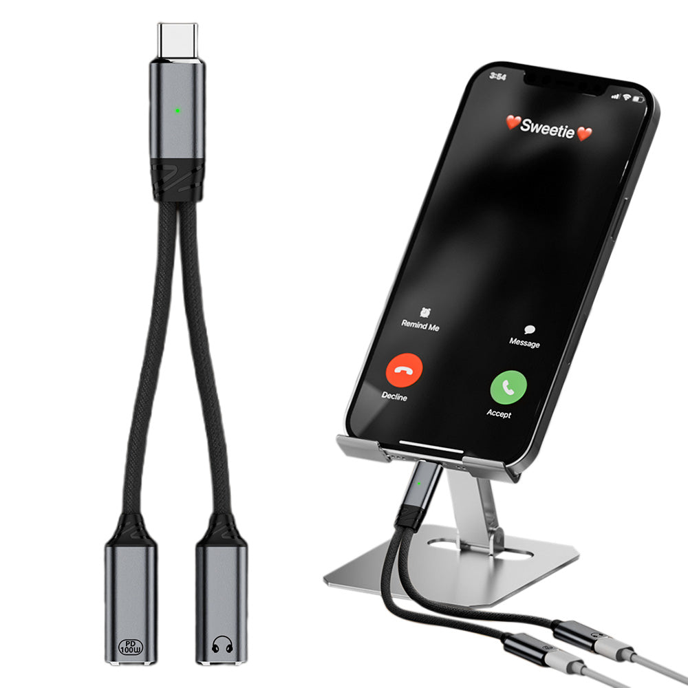 2-in-1 USB-C Splitter Dual Type-C Headphone and Charger Adapter Audio Dongle Cable for iPhone 16 Series Grey