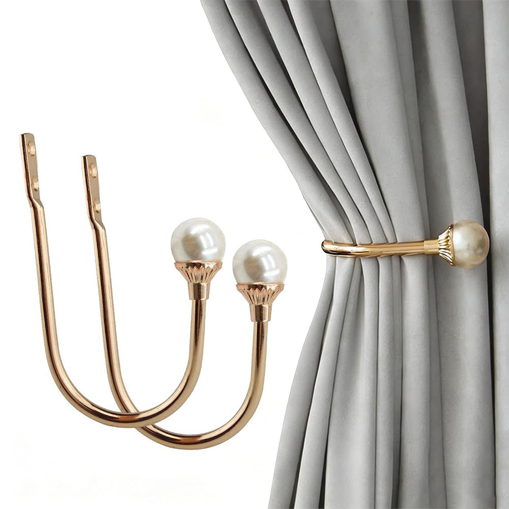 2Piece U Shape Pearl Curtain Holdback Hooks with Screws-Gold