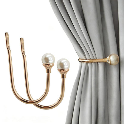 2Piece U Shape Pearl Curtain Holdback Hooks with Screws-Gold