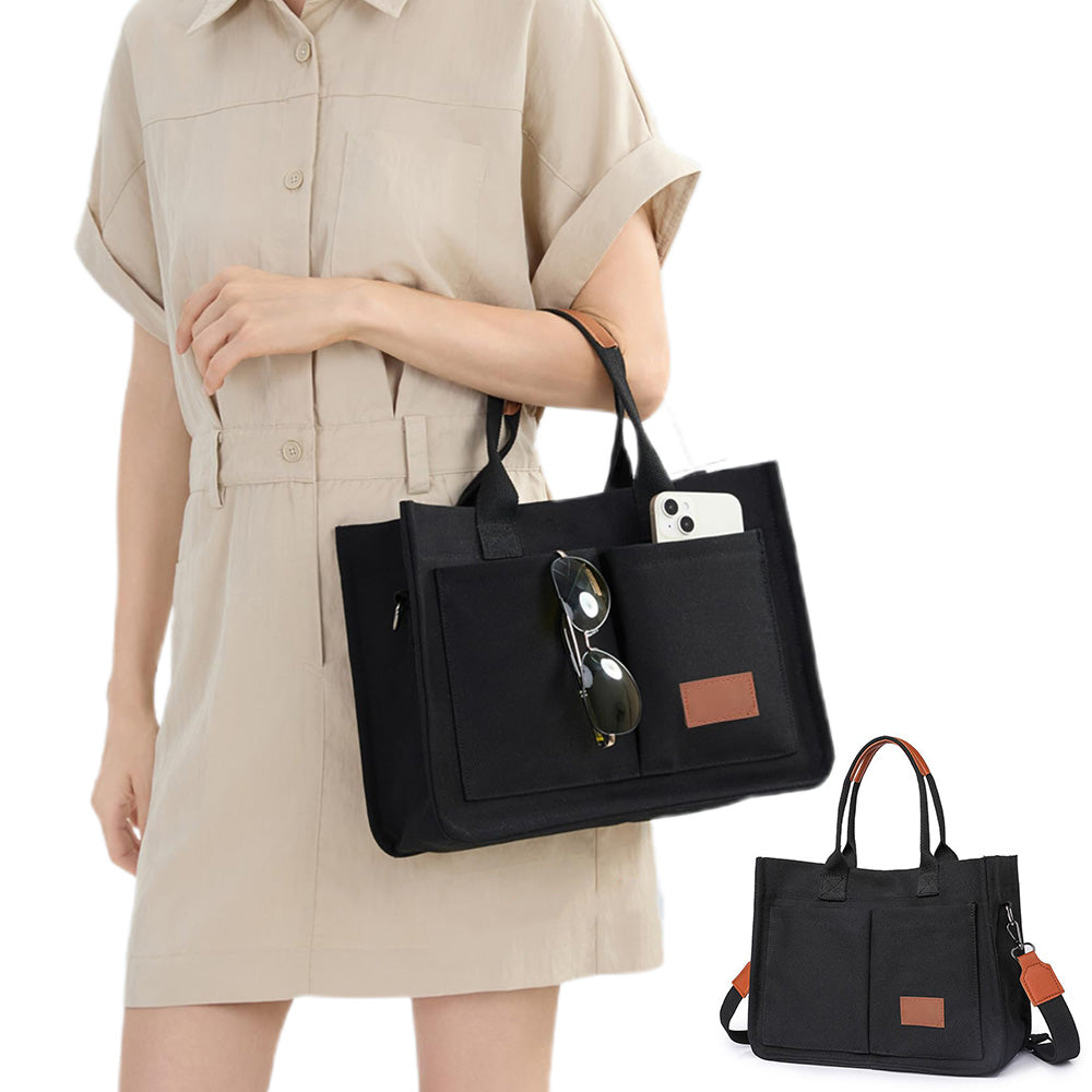 Canvas Tote Bag with Laptop Compartment Multi-Pocket Crossbody for Women Black