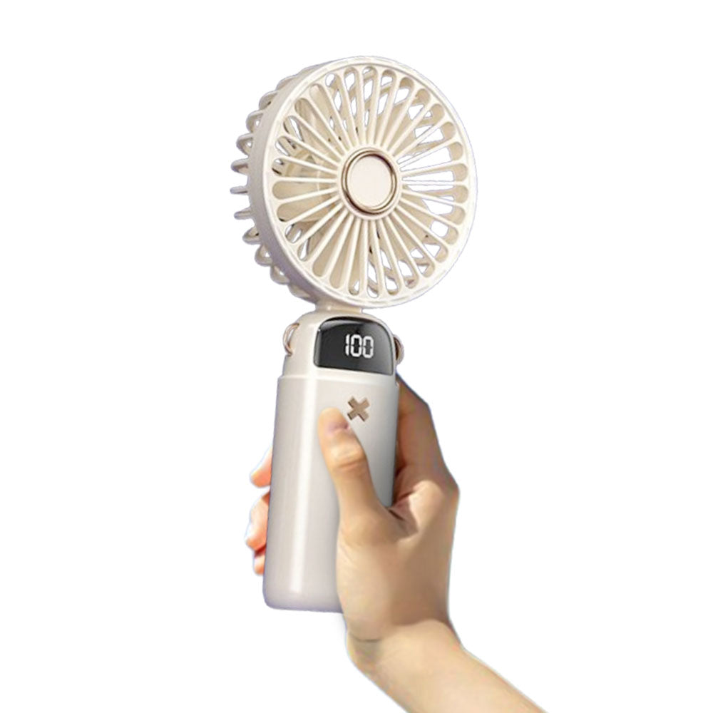 Portable Handheld Fan with LED Display 5-Speed Cooling Hand Fan Foldable for Outdoor Travel Camping Beige