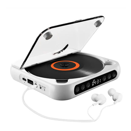 Portable Bluetooth CD Player Supports USB /Wired Playback Rechargeable Walkman White
