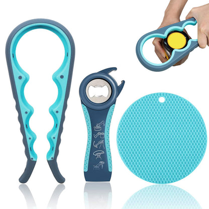 3PCS Jar and Bottle Opener Set with Non-Slip Grip Pad for Weak Hands Blue