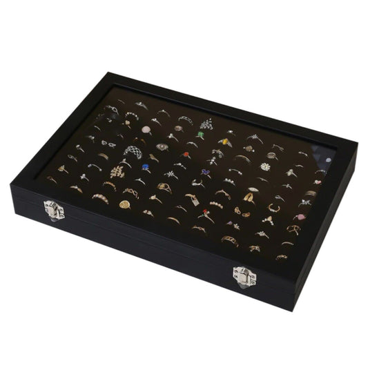 100 Slots Jewelry Ring Display Organizer Box with Glass Lid ¨C Earring and Ring Storage Tray