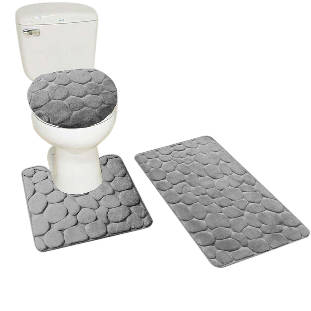 3 Piece Set Bathroom Mats Pebble Pattern Floor Mat Gray