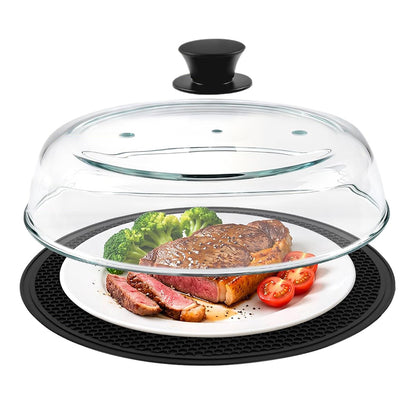 Glass Food Cover Microwave Splatter Guard Serving Dome with Silicone Trivet Black