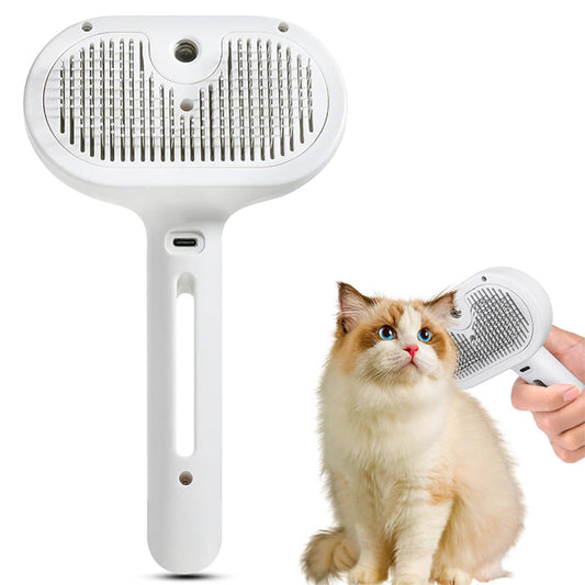 Pet Steam Brush Cat Dog Spray Hair Removal Comb for Shedding Grooming White