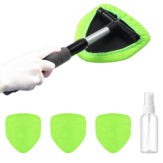 Extendable Windshield Cleaning Tool Set Car Window Microfiber Cleaner with 4 Replacement Microfiber Pads Gree
