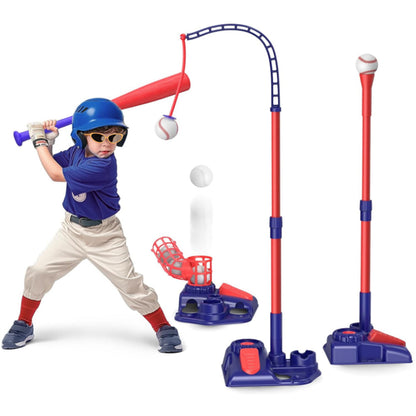 3-in-1 Tee Ball Set for Kids Retractable Baseball Batting Tee Set Red