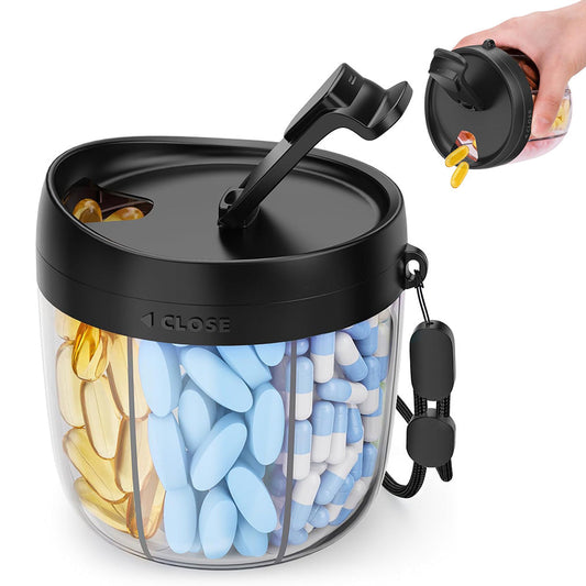 7-Compartment Pill Organizer Bottle with Handle & Rotating Lid for Travel Black