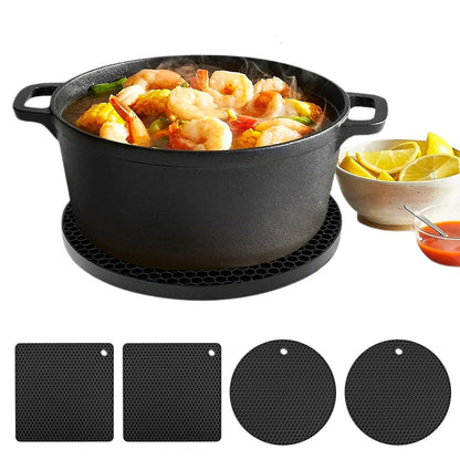 4Pcs Multipurpose Silicone Trivet Mats Heat Resistant Pot Holder Pads for Kitchen Black