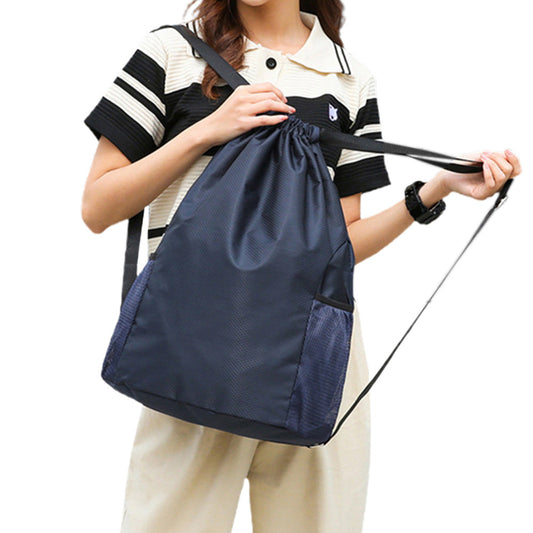 Sports Drawstring Backpack with 2 Pockets Large-Capacity Basketball Bag Dark Blue