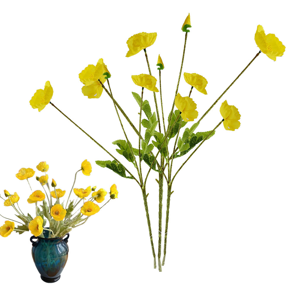3Pcs 4-Head Artificial Corn Poppy Flowers Flocking Stem Bouquet Home Office Decor Yellow