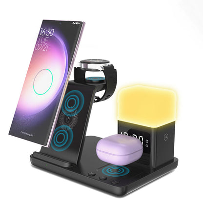 6-in-1 Wireless Charging Station for Multiple Devices with Alarm Clock and Night Light for Samsung Devices