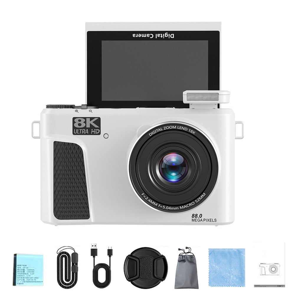 8K Digital Camera with Flip Screen and Remote Control-White