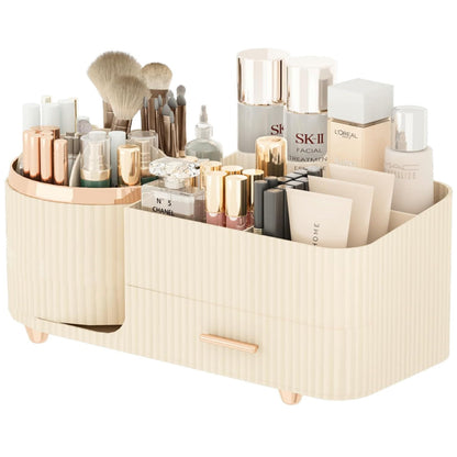 Rotating Makeup Organizer for Vanity with Brush Holder and Drawer Spinning Cosmetic Storage Case Beige
