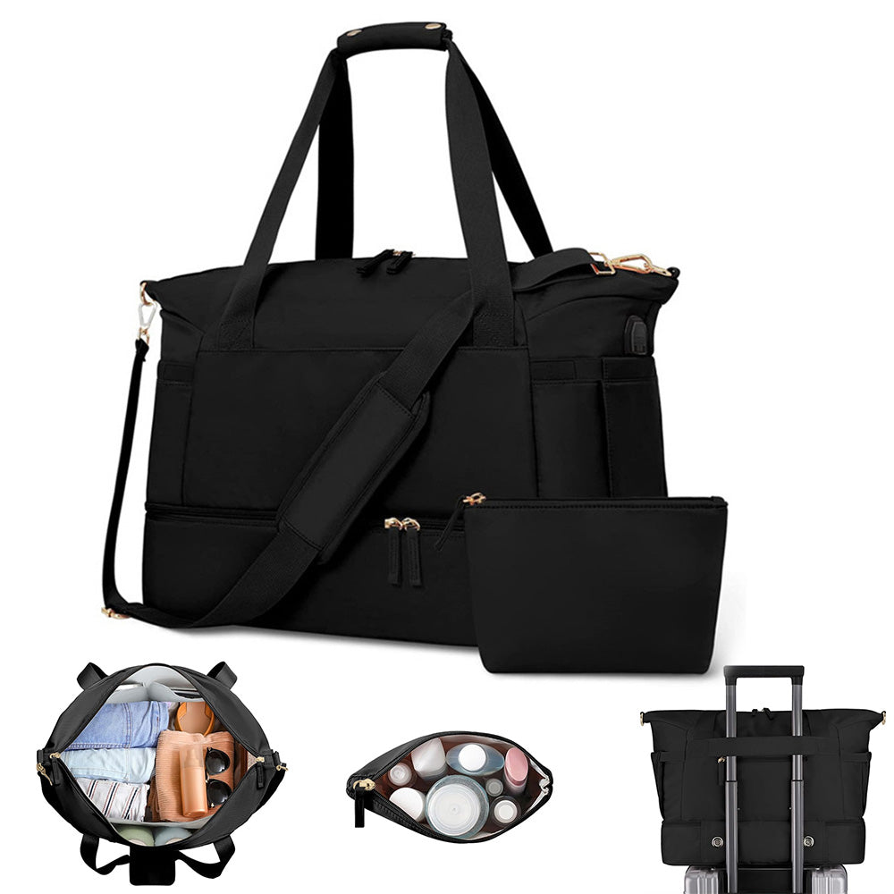 37L Women Fitness Travel Bag Waterproof USB Charging Carry-On Overnight Black