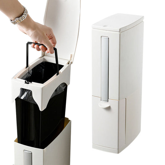 2-in-1 Slim Trash Can and Toilet Brush Set Bathroom Garbage Bin Wastebasket with Lid Beige