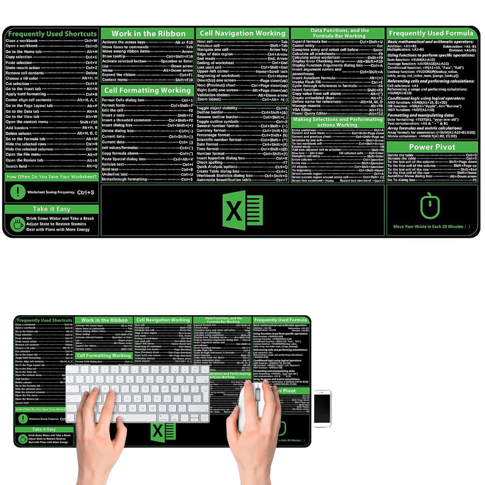 Excel Shortcuts Mouse Pad Keyboard Shortcut Mousepad Non-Slip Base Keyboard Mat