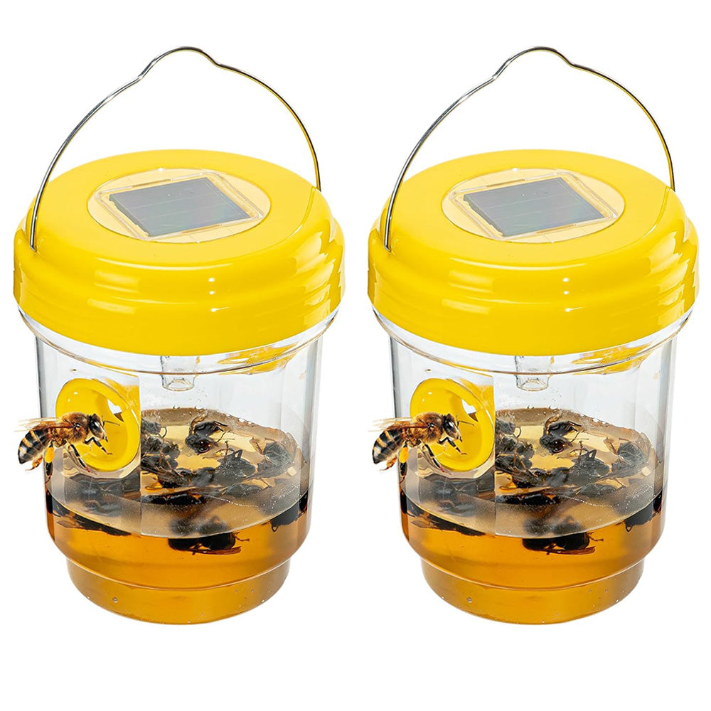 2 Pack Solar Powered Wasp Traps Outdoor Hanging Carpenter Bee Catchers Yellow
