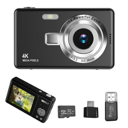 4K HD 1080P Digital Camera Retro Video Camera for Kids Beginners with 32GB TF Card Black