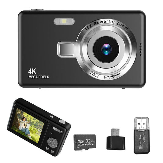 4K HD 1080P Digital Camera Retro Video Camera for Kids Beginners with 32GB TF Card Black