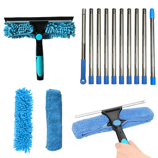 2-in-1 Extendable Window Squeegee Cleaner Tool Rotating Scrubber with 2 Replacement Cloths Blue