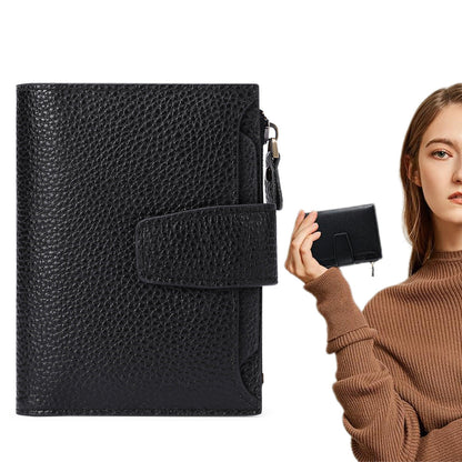 Genuine Leather Women's Wallet Short RFID Blocking Purse with Zipper Black