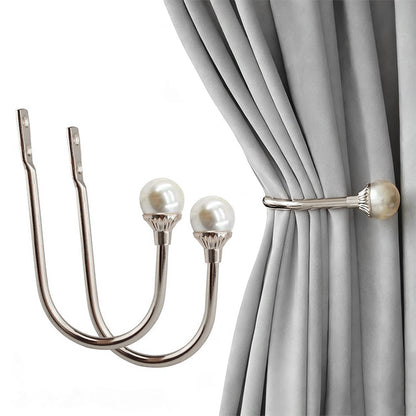 2Piece U Shape Pearl Curtain Holdback Hooks with Screws-Silver