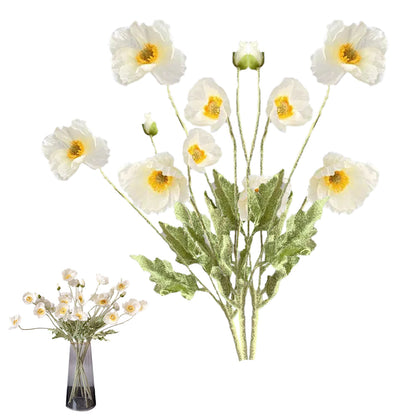 3Pcs 4-Head Artificial Corn Poppy Flowers Flocking Stem Bouquet Home Office Decor White