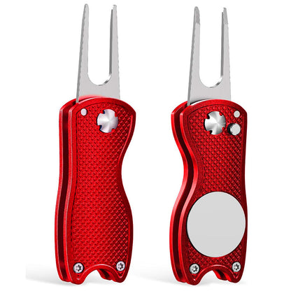 2PCS Magnetized Golf Divot Repair Tool with Pop-up Fork and Ball Marker Red