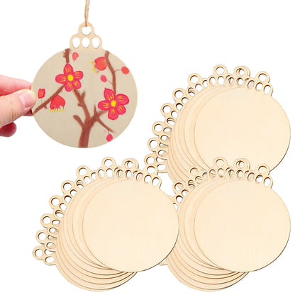 30Pcs Wooden Round Bauble Blank Hanging Ornament Christmas Tree Pendant DIY Craft