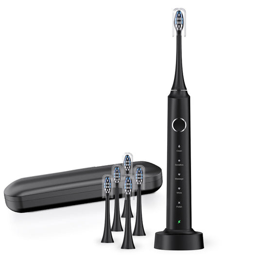 5-Mode Electric Toothbrush with Timer Travel Sonic Toothbrush with 6 Replacement Heads Black