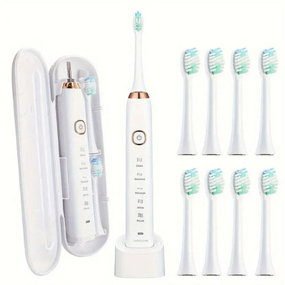 5-Mode Sonic Electric Toothbrush with 8 Brush Heads Travel Toothbrush with Case White