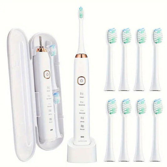 5-Mode Sonic Electric Toothbrush with 8 Brush Heads Travel Toothbrush with Case White