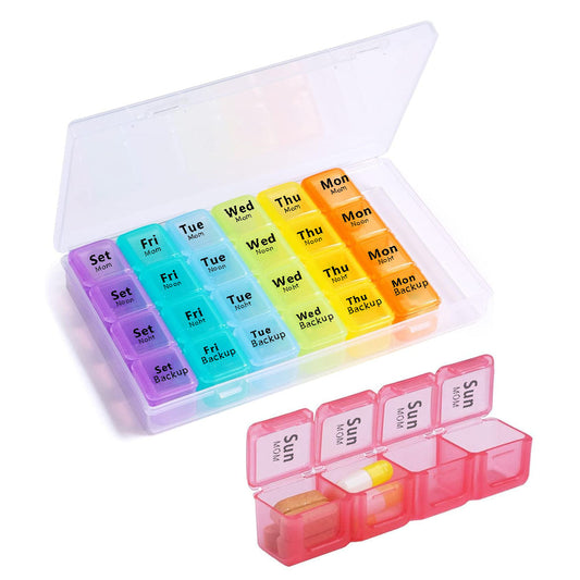 7-Day 28 Compartments Pill Box Medicine Organiser with Snap Lids for Vitamin Fish Oil Medicine Clear and Rainbow
