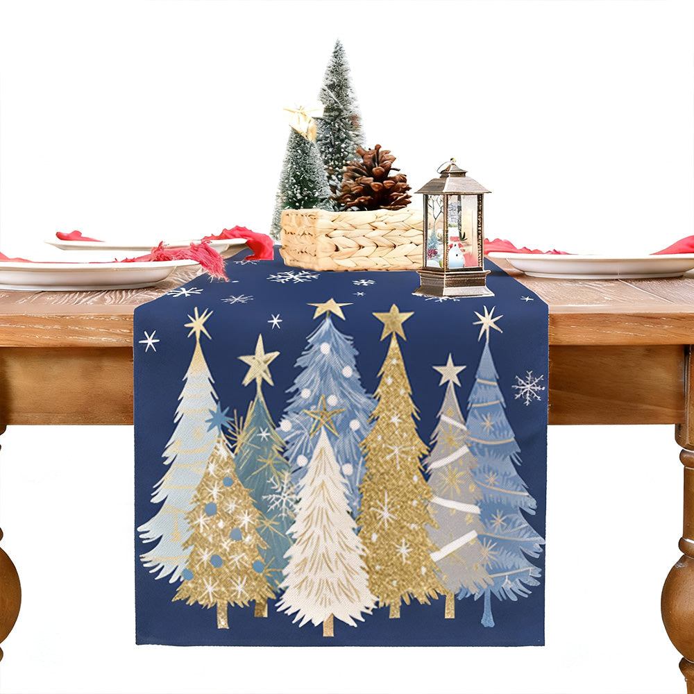 Christmas Table Runner with Xmas Trees Festive Tablecloth Cover for Kitchen Dinner Party Blue