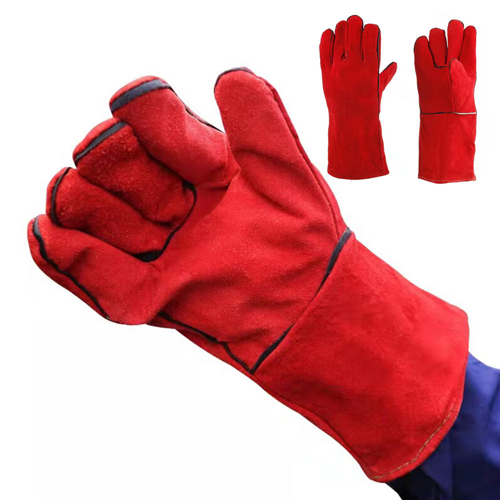 Double Layer Leather Welding Gloves Heat Resistant Fireproof Protective Safety Gloves Red