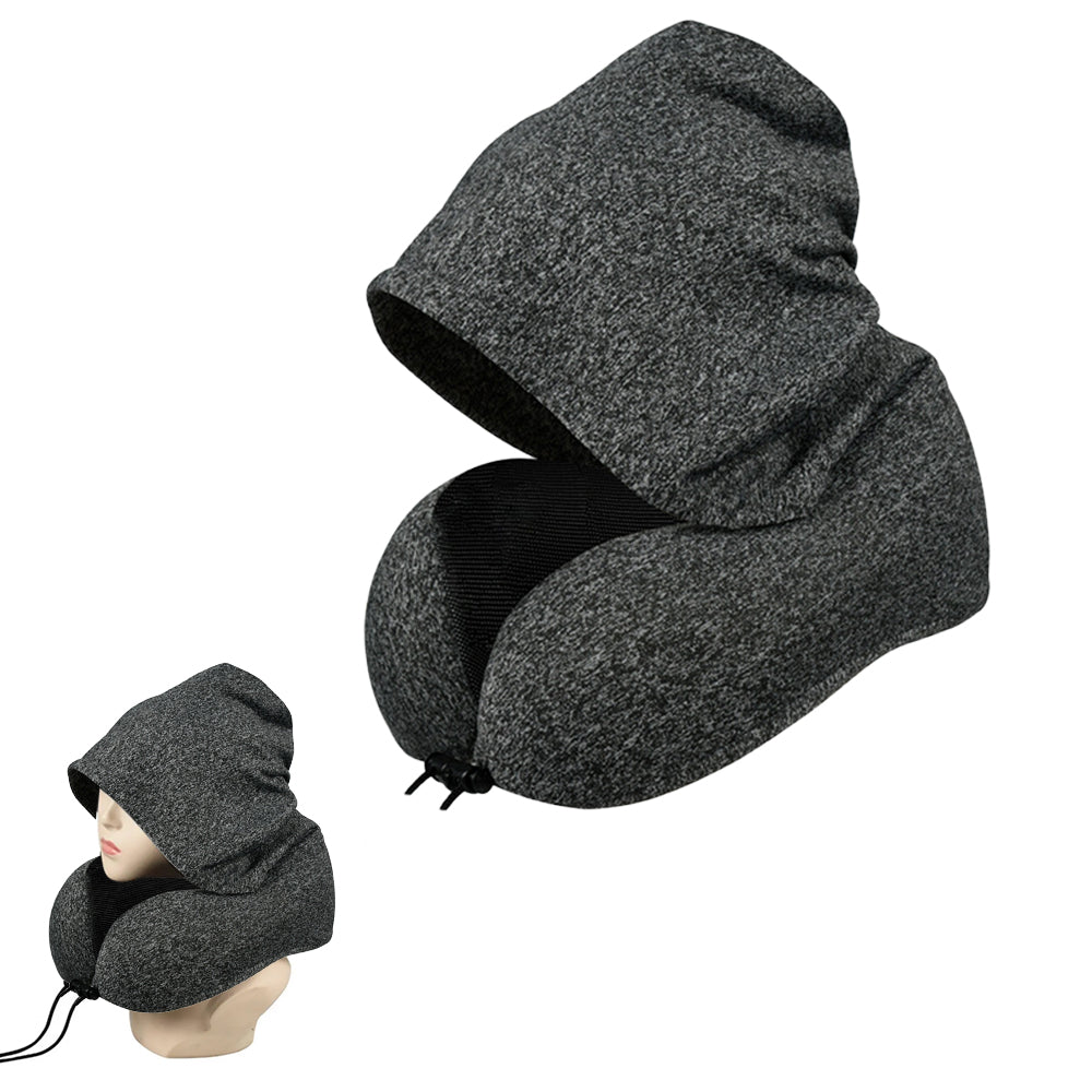 Travel Neck Pillow Hooded U Shaped Neck Cushion for Airplane Car Rest Dark Gray